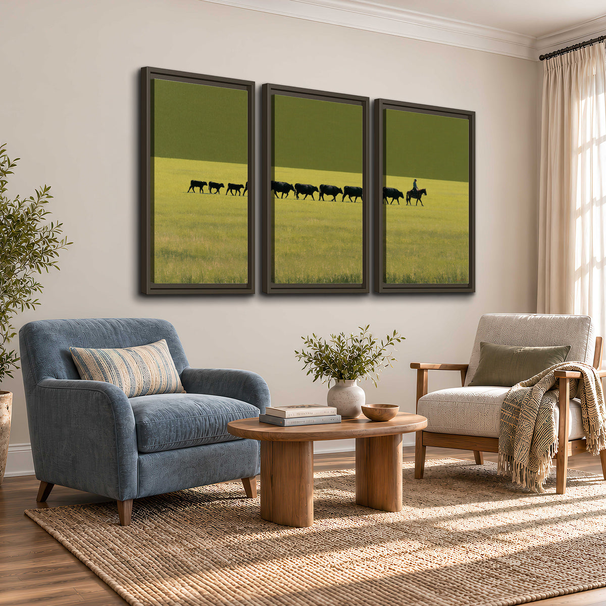 A rider leading a long line of cattle across a wide green and golden plain 3 piece framed canvas wall art styled in an interior
