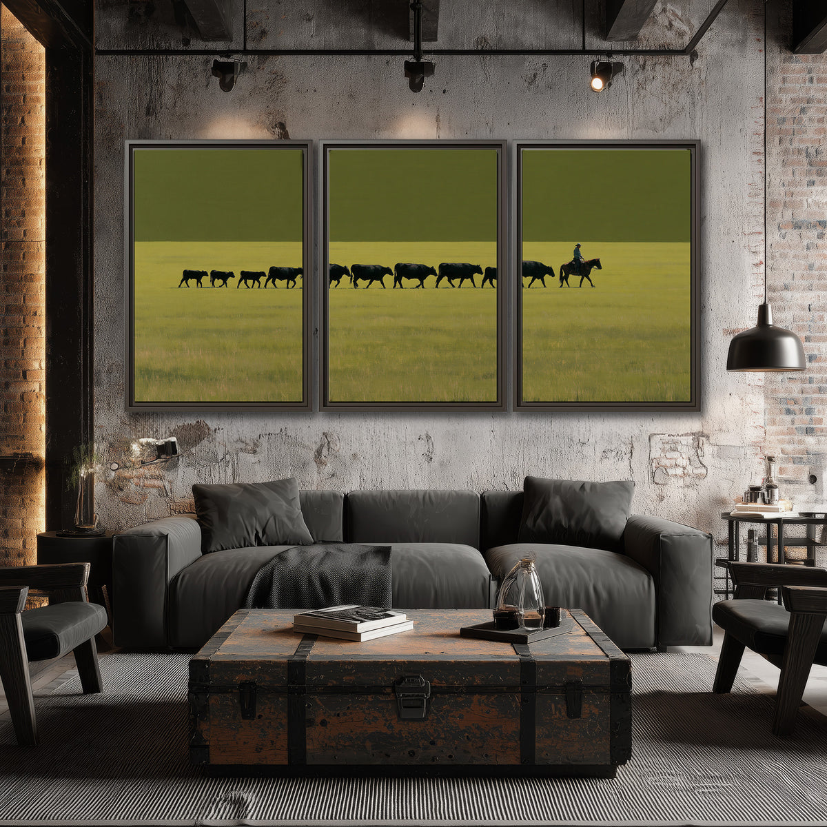A rider leading a long line of cattle across a wide green and golden plain 3 piece framed canvas wall art displayed in a industrial room