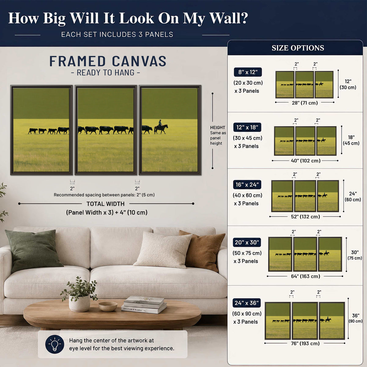 A rider leading a long line of cattle across a wide green and golden plain 3 piece framed canvas wall art size guide above a sofa; room view is illustrative