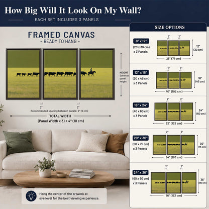 A rider leading a long line of cattle across a wide green and golden plain 3 piece framed canvas wall art size guide above a sofa; room view is illustrative