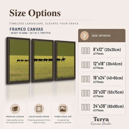 A rider leading a long line of cattle across a wide green and golden plain 3 piece framed canvas wall art available dimensions; triptych dimensions are per panel
