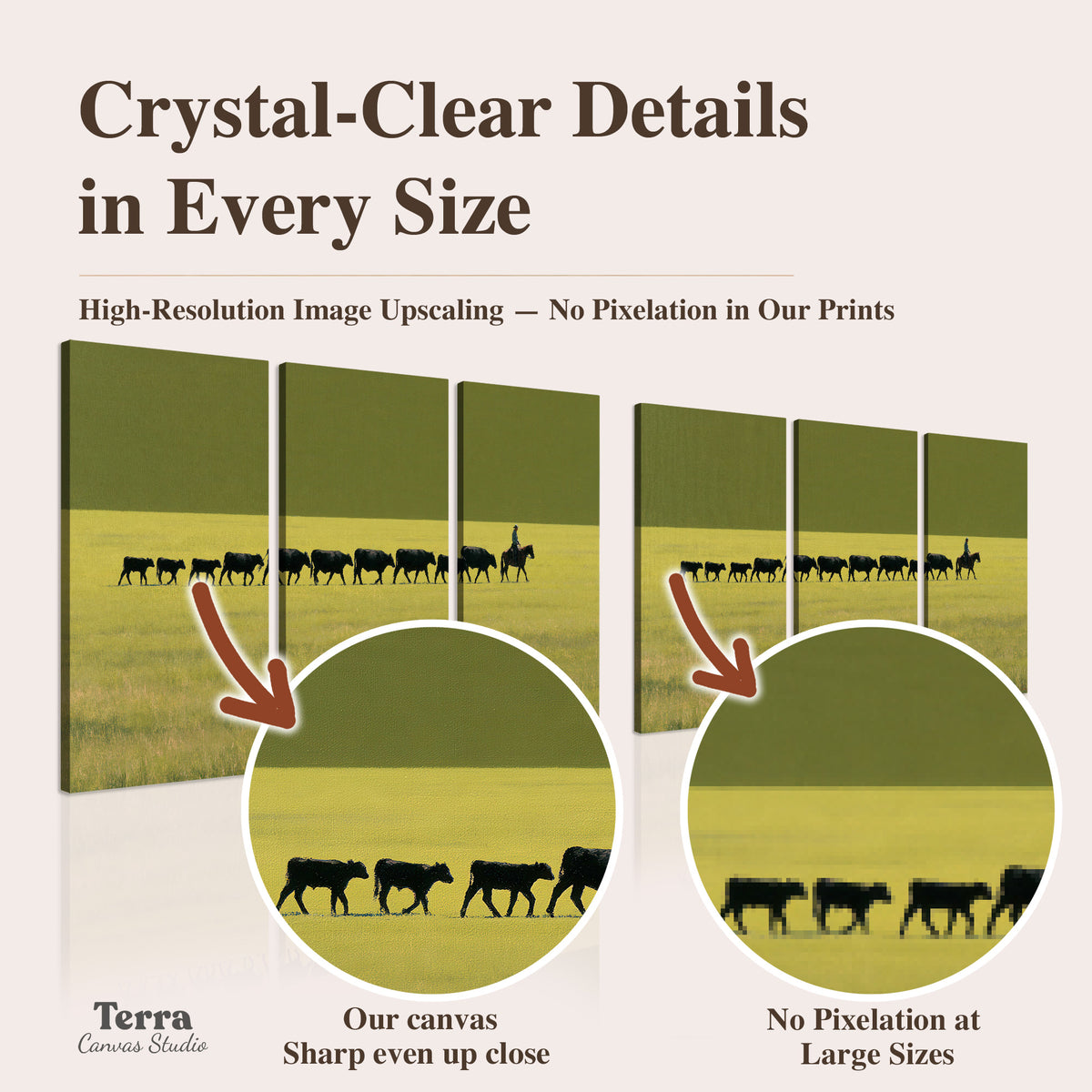 A rider leading a long line of cattle across a wide green and golden plain artwork quality information