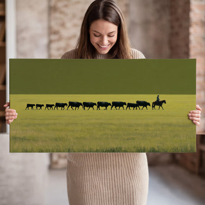 A rider leading a long line of cattle across a wide green and golden plain single canvas wall art held in hands