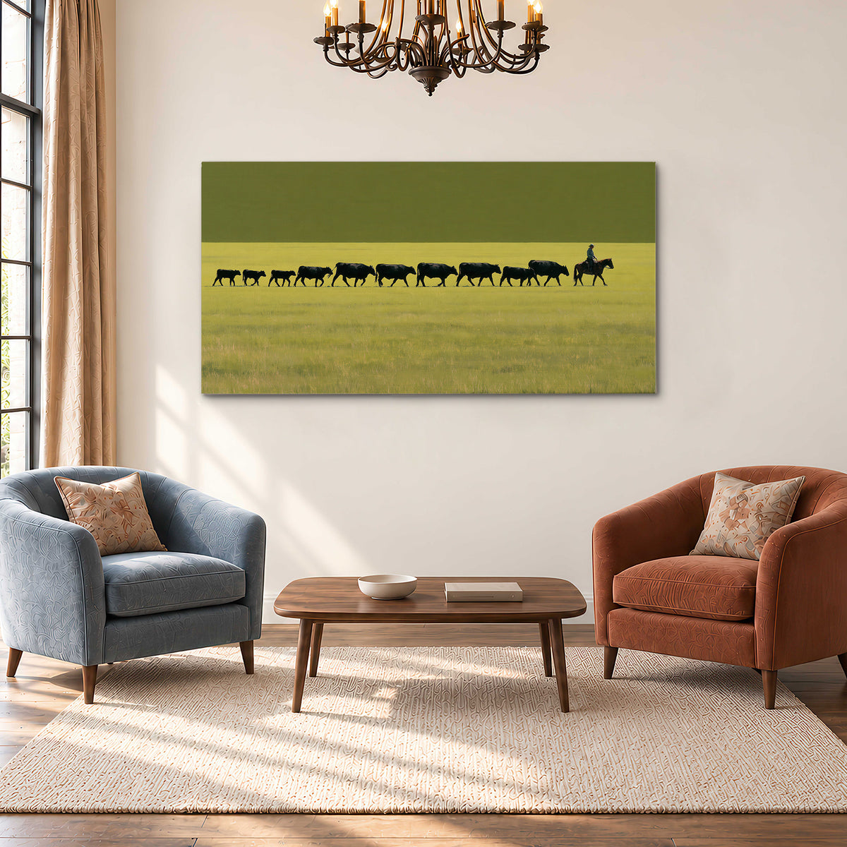 A rider leading a long line of cattle across a wide green and golden plain single canvas wall art styled in an interior