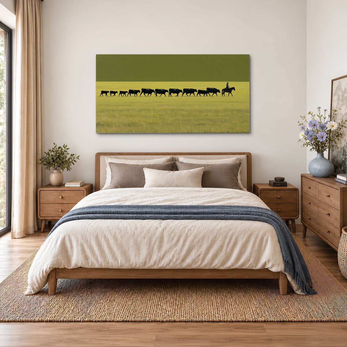 A rider leading a long line of cattle across a wide green and golden plain single canvas wall art styled in an interior