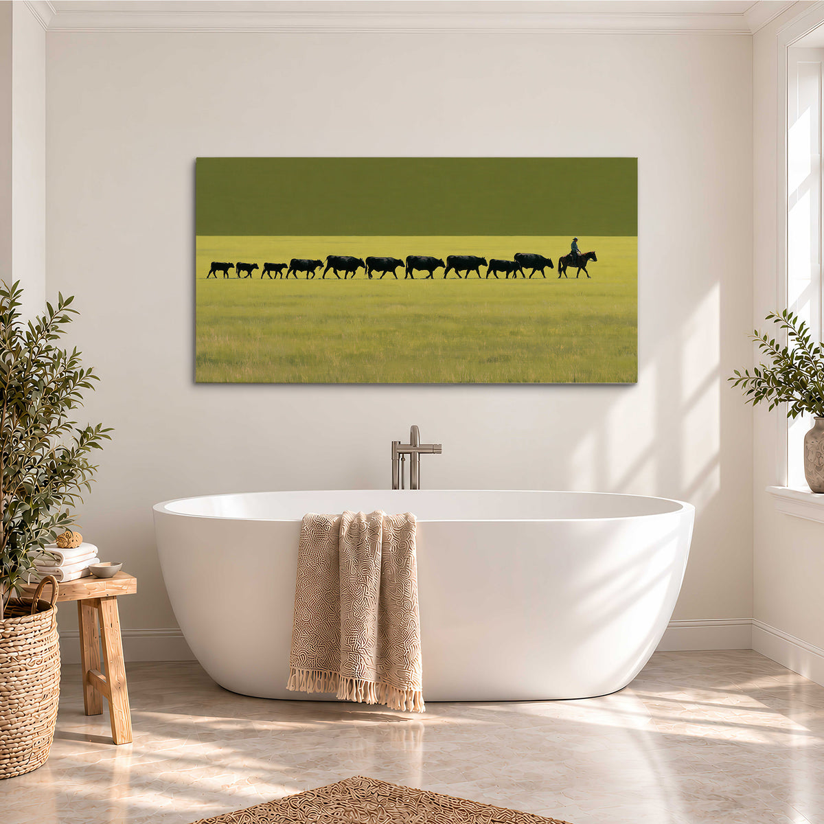 A rider leading a long line of cattle across a wide green and golden plain single canvas wall art styled in an interior