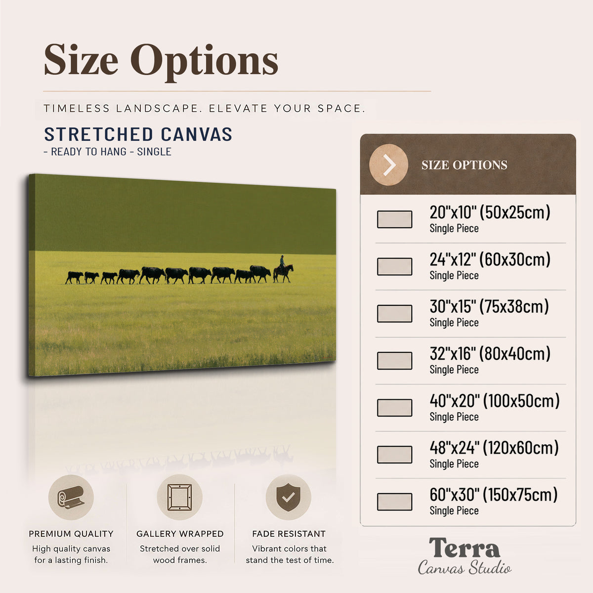 A rider leading a long line of cattle across a wide green and golden plain single canvas wall art available dimensions