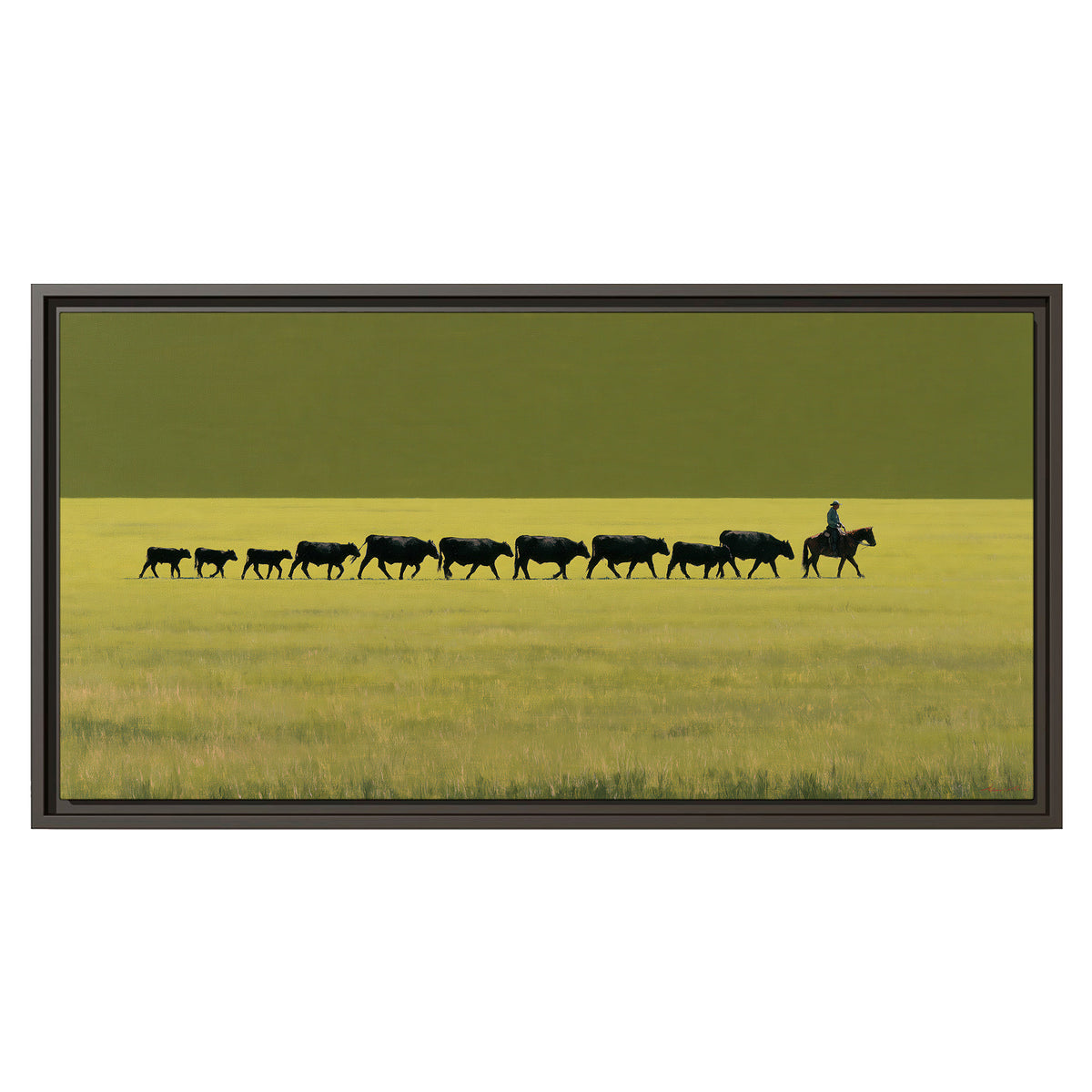 A rider leading a long line of cattle across a wide green and golden plain single framed canvas wall art viewed straight on