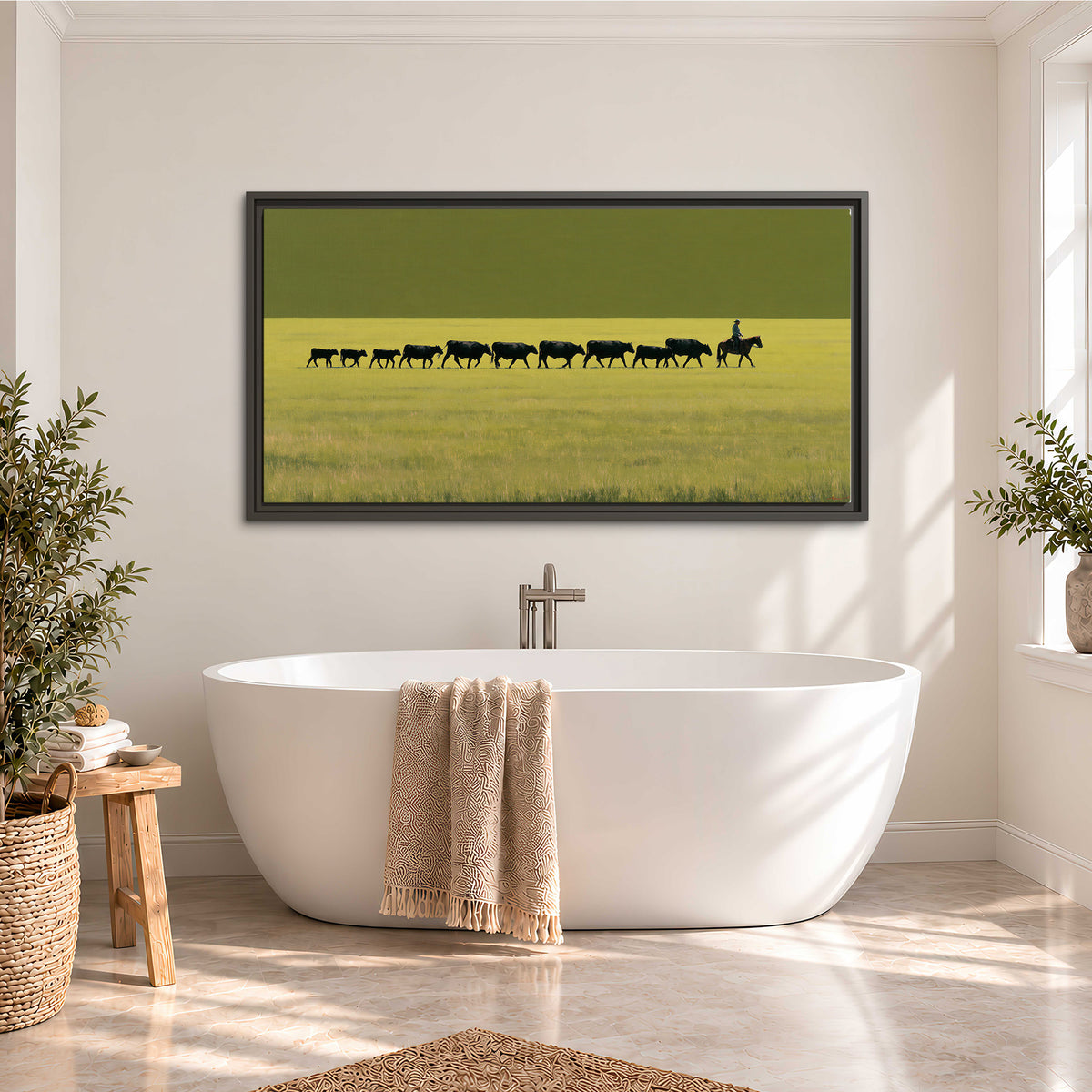A rider leading a long line of cattle across a wide green and golden plain single framed canvas wall art styled in an interior