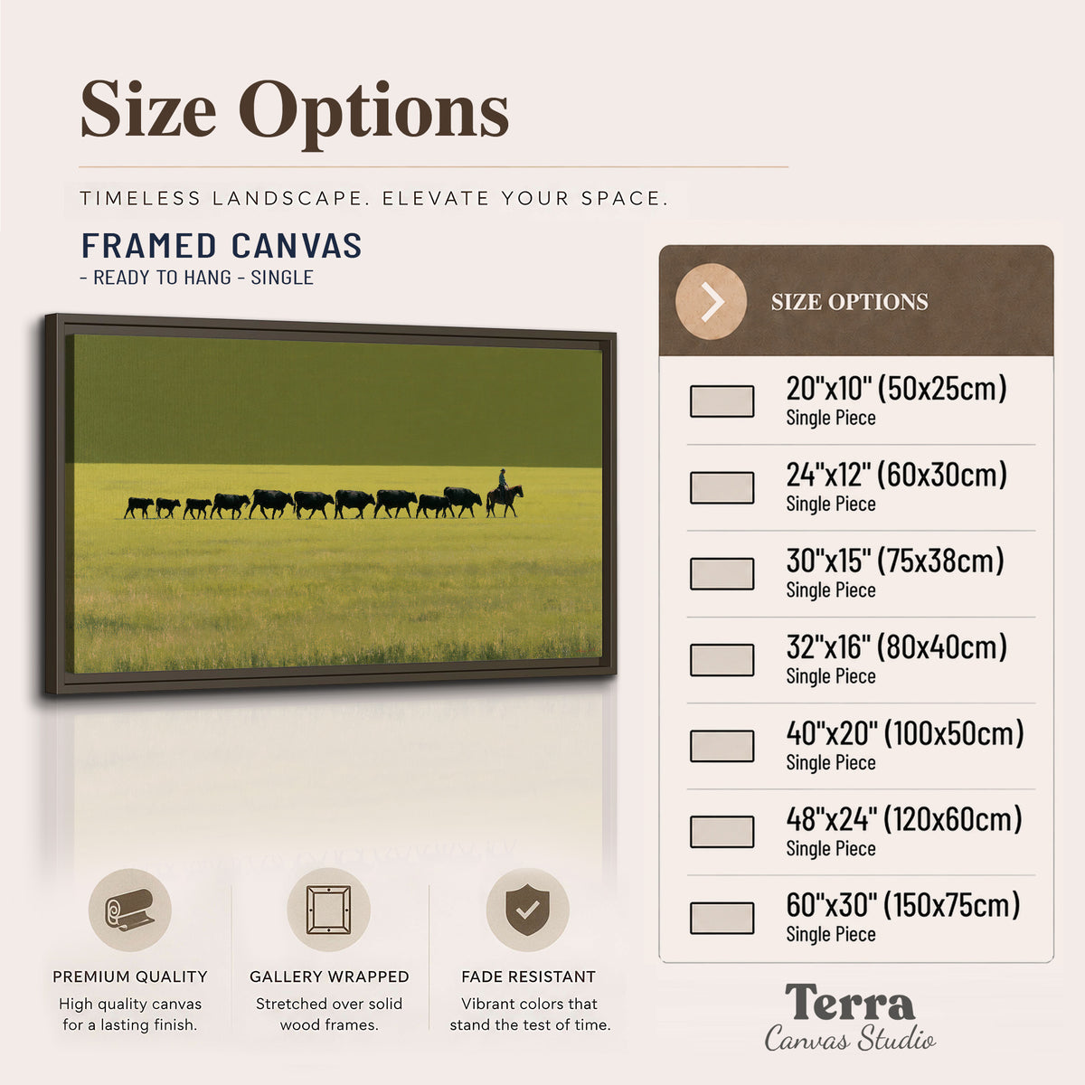 A rider leading a long line of cattle across a wide green and golden plain single framed canvas wall art available dimensions