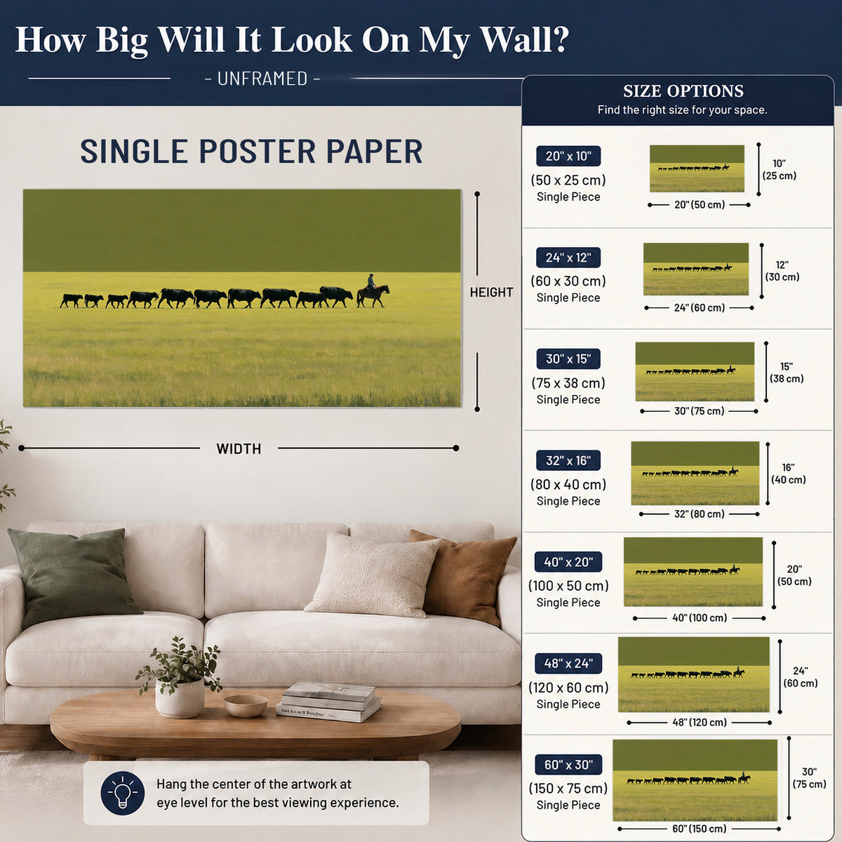 A rider leading a long line of cattle across a wide green and golden plain single poster print size guide above a sofa; room view is illustrative