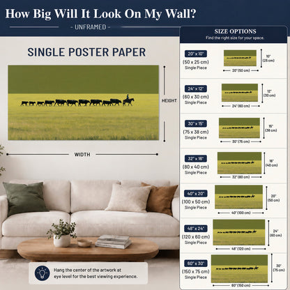 A rider leading a long line of cattle across a wide green and golden plain single poster print size guide above a sofa; room view is illustrative