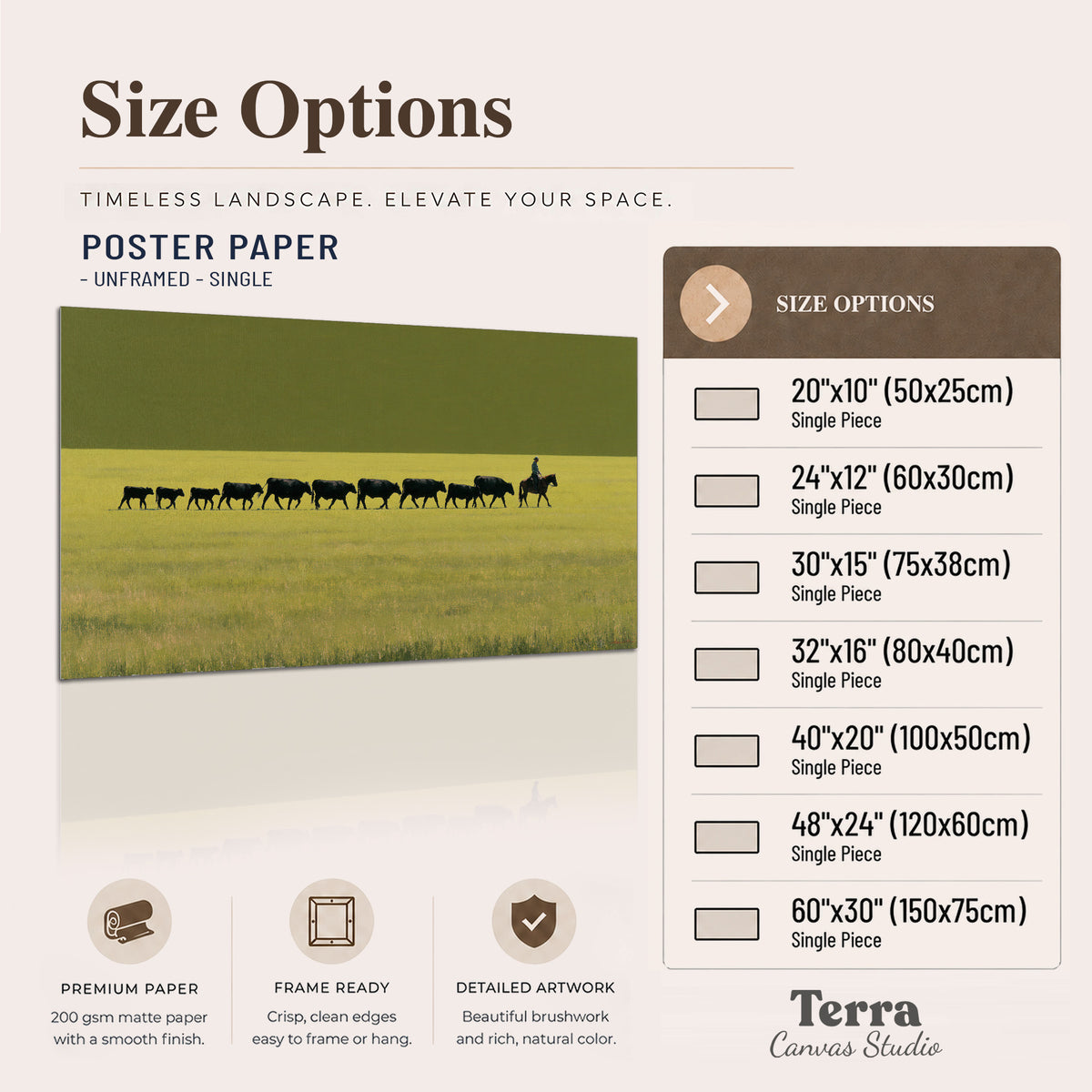 A rider leading a long line of cattle across a wide green and golden plain single poster print available dimensions