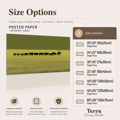 A rider leading a long line of cattle across a wide green and golden plain single poster print available dimensions
