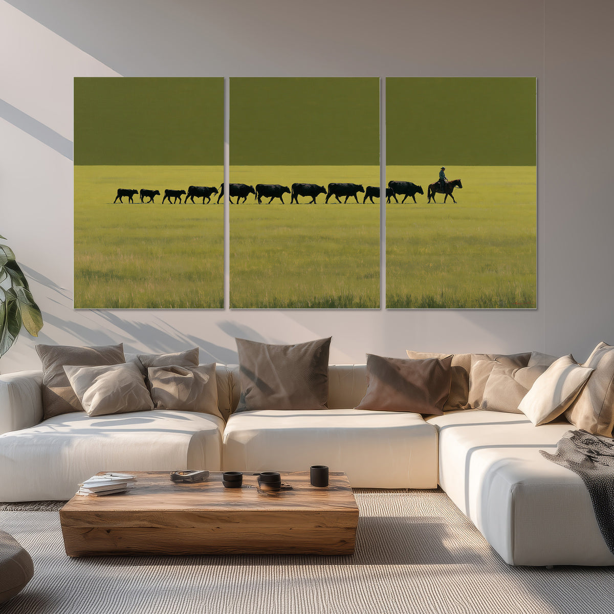 A rider leading a long line of cattle across a wide green and golden plain set of 3 poster prints displayed in a living room