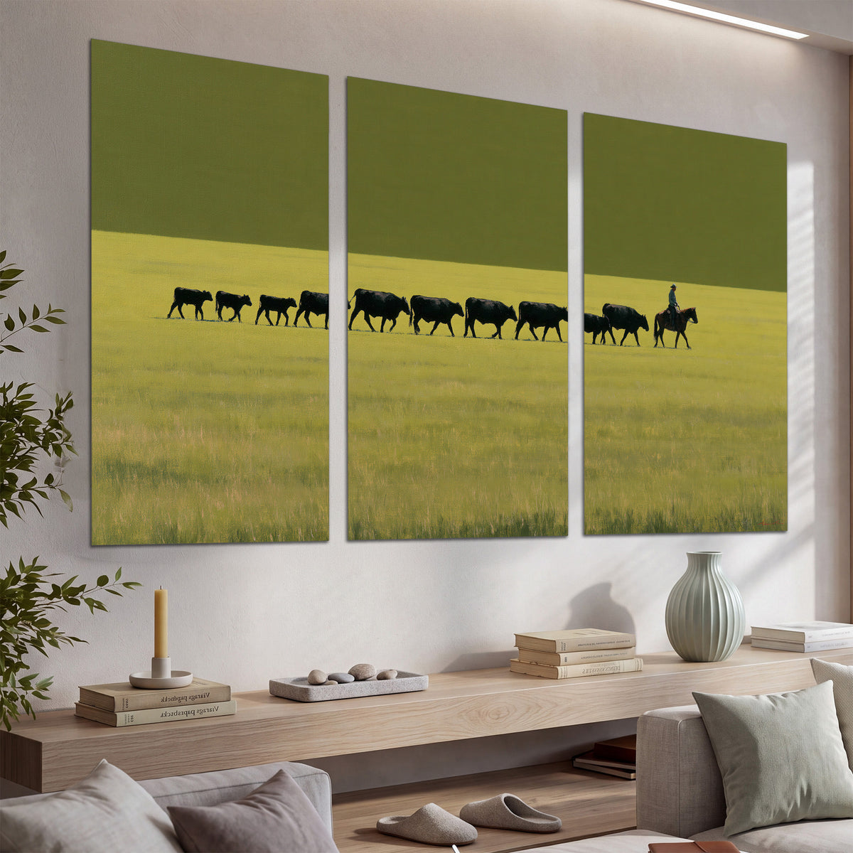 A rider leading a long line of cattle across a wide green and golden plain set of 3 poster prints displayed in a console