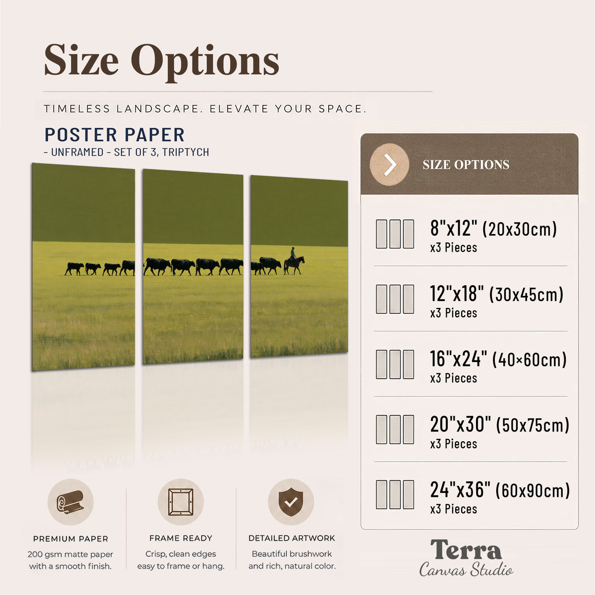 A rider leading a long line of cattle across a wide green and golden plain set of 3 poster prints available dimensions; triptych dimensions are per panel