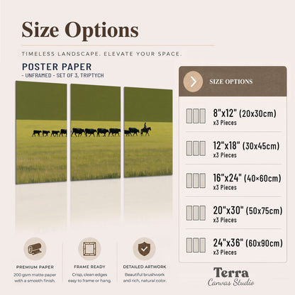A rider leading a long line of cattle across a wide green and golden plain set of 3 poster prints available dimensions; triptych dimensions are per panel