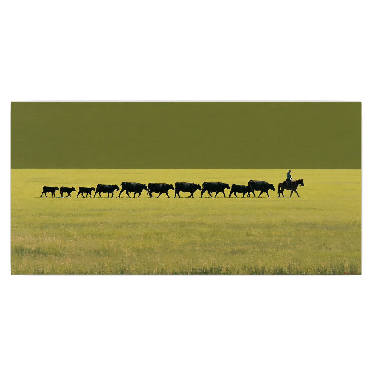 A rider leading a long line of cattle across a wide green and golden plain single canvas wall art viewed straight on