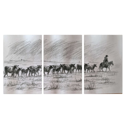 A rider on horseback guiding a herd of cattle across an open plain in charcoal-style strokes 3 piece canvas wall art viewed straight on