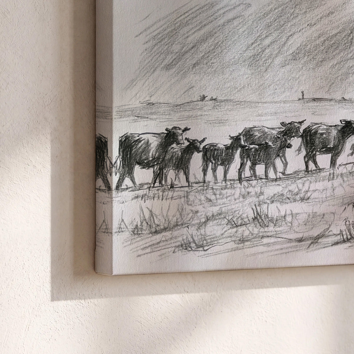 A rider on horseback guiding a herd of cattle across an open plain in charcoal-style strokes 3 piece canvas wall art material and edge close up