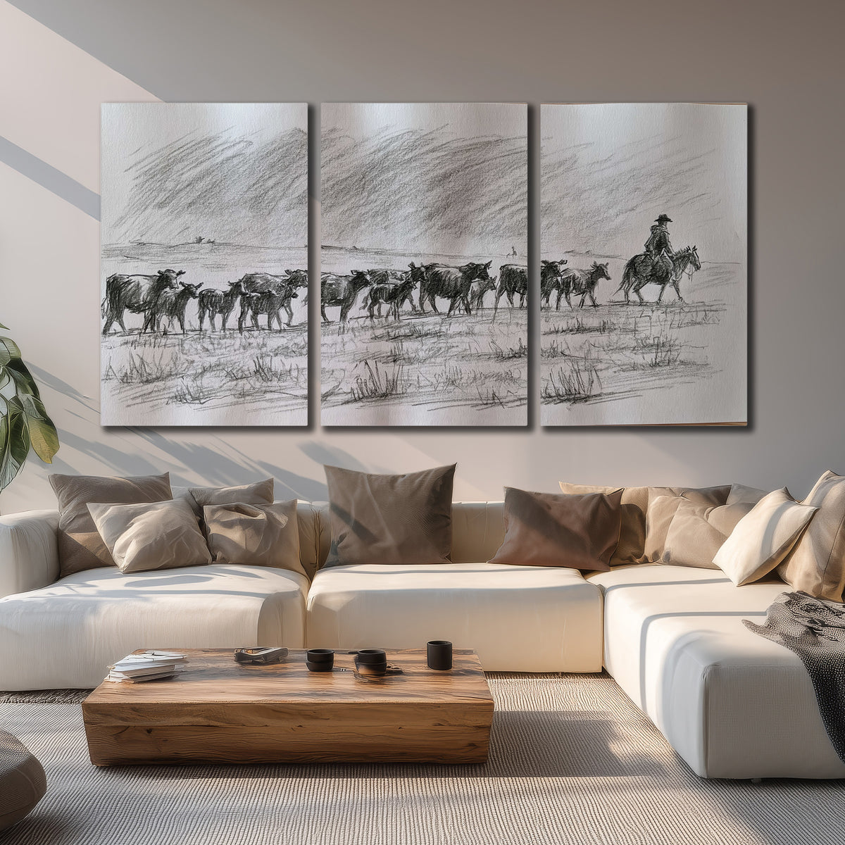 A rider on horseback guiding a herd of cattle across an open plain in charcoal-style strokes 3 piece canvas wall art displayed in a living room