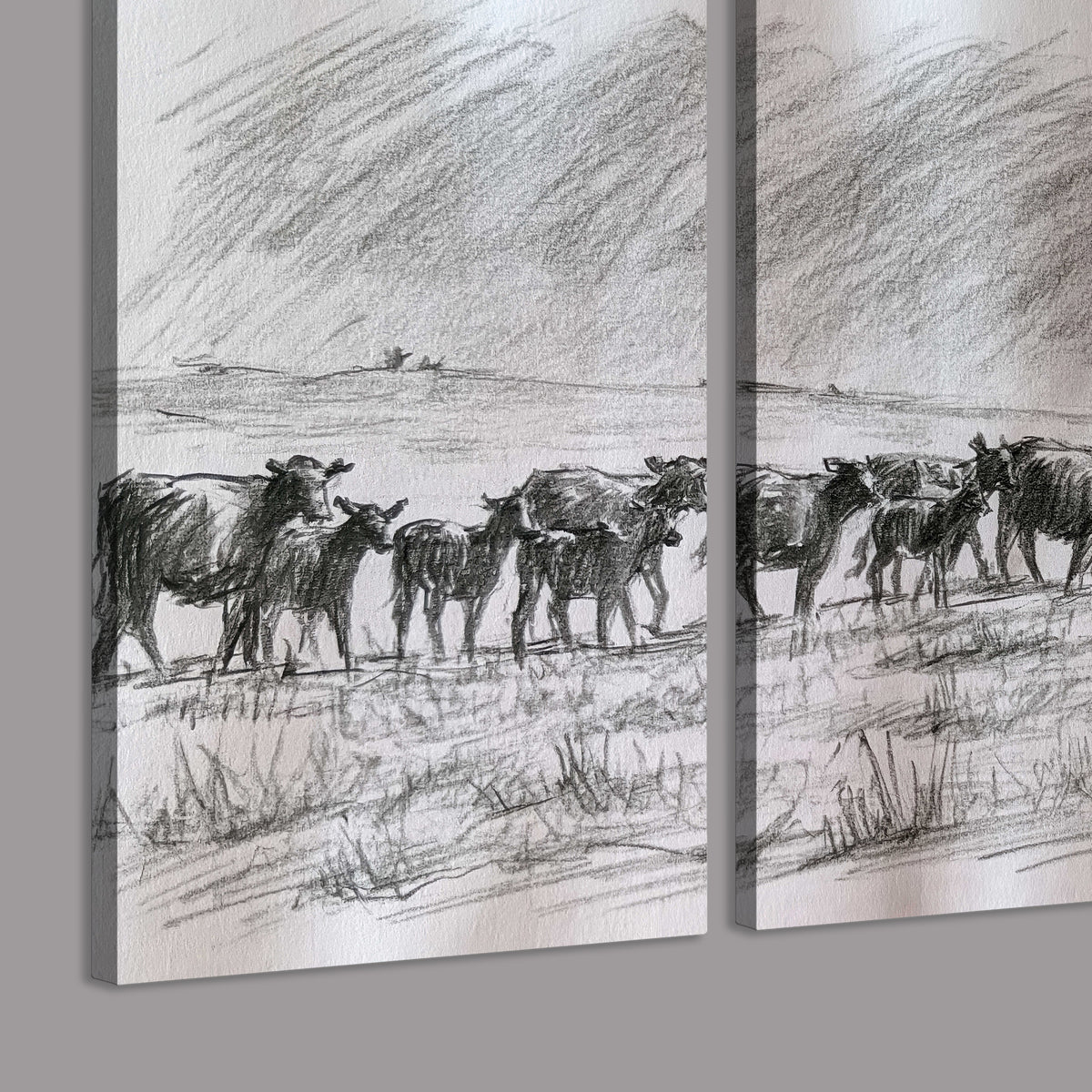 A rider on horseback guiding a herd of cattle across an open plain in charcoal-style strokes 3 piece canvas wall art room and product view