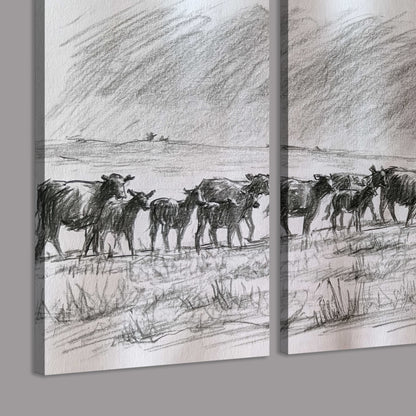 A rider on horseback guiding a herd of cattle across an open plain in charcoal-style strokes 3 piece canvas wall art room and product view