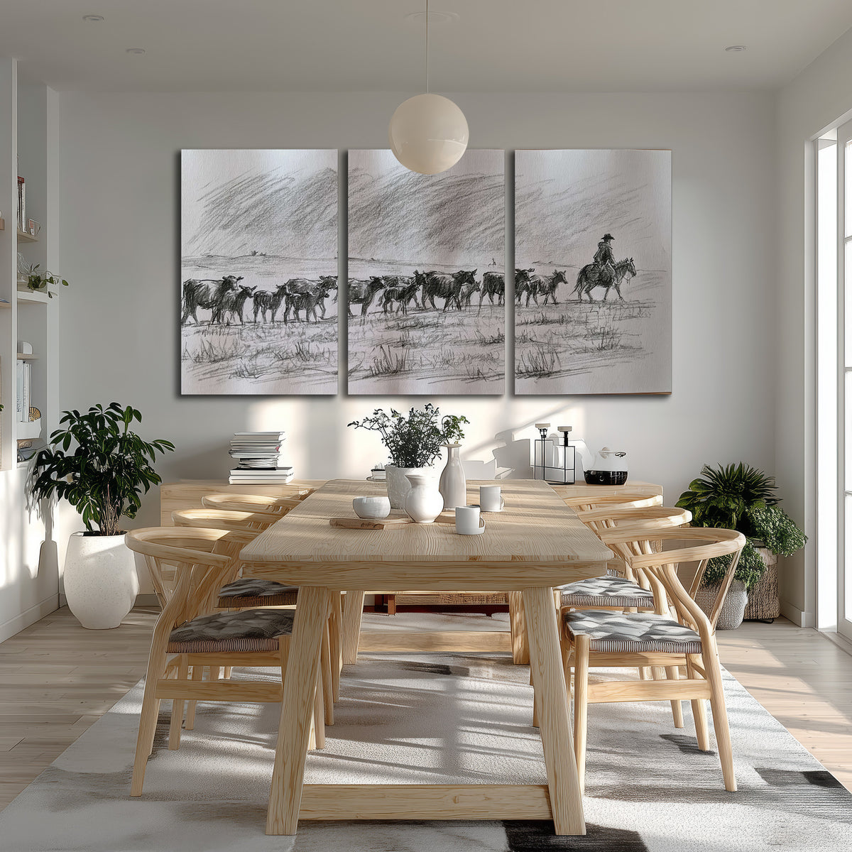 A rider on horseback guiding a herd of cattle across an open plain in charcoal-style strokes 3 piece canvas wall art room and product view