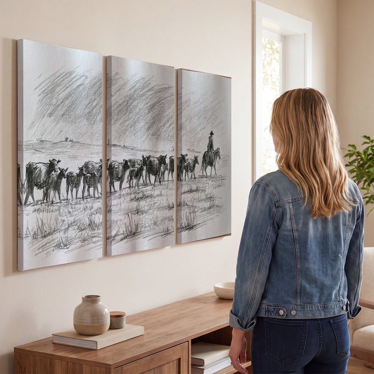 A rider on horseback guiding a herd of cattle across an open plain in charcoal-style strokes 3 piece canvas wall art three panel arrangement on a wall