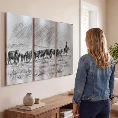 A rider on horseback guiding a herd of cattle across an open plain in charcoal-style strokes 3 piece canvas wall art three panel arrangement on a wall
