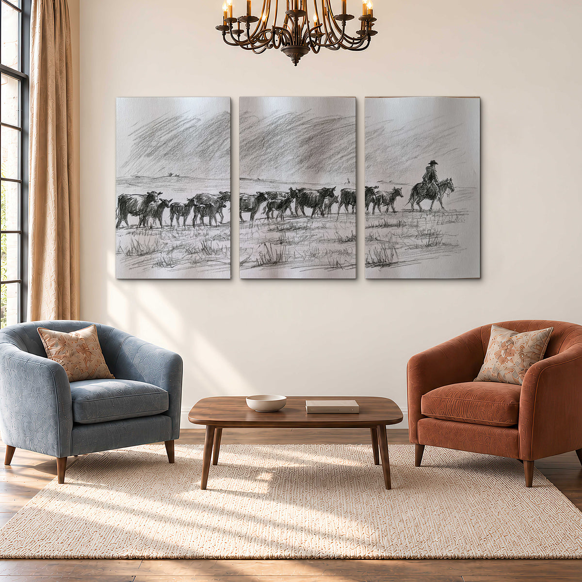 A rider on horseback guiding a herd of cattle across an open plain in charcoal-style strokes 3 piece canvas wall art styled in an interior