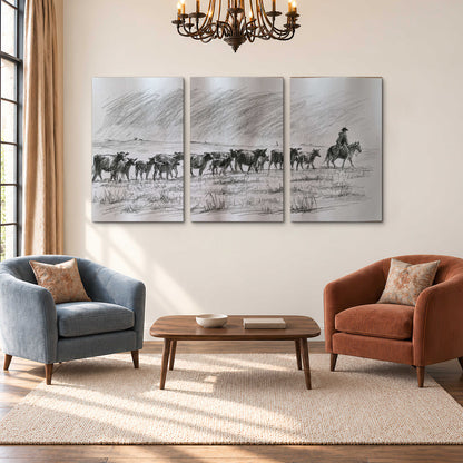 A rider on horseback guiding a herd of cattle across an open plain in charcoal-style strokes 3 piece canvas wall art styled in an interior