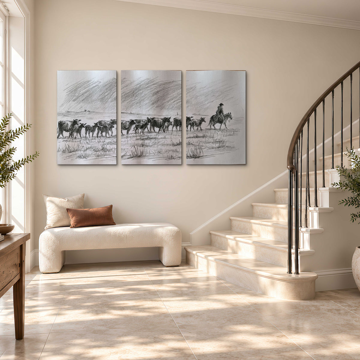 A rider on horseback guiding a herd of cattle across an open plain in charcoal-style strokes 3 piece canvas wall art styled in an interior