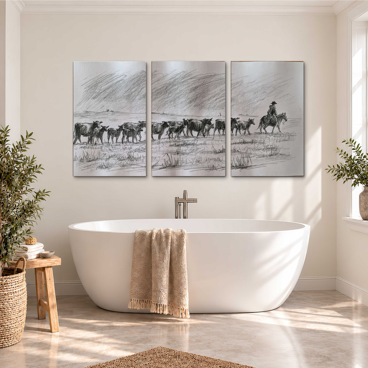 A rider on horseback guiding a herd of cattle across an open plain in charcoal-style strokes 3 piece canvas wall art styled in an interior