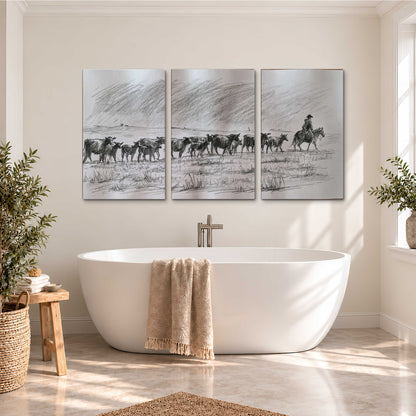 A rider on horseback guiding a herd of cattle across an open plain in charcoal-style strokes 3 piece canvas wall art styled in an interior