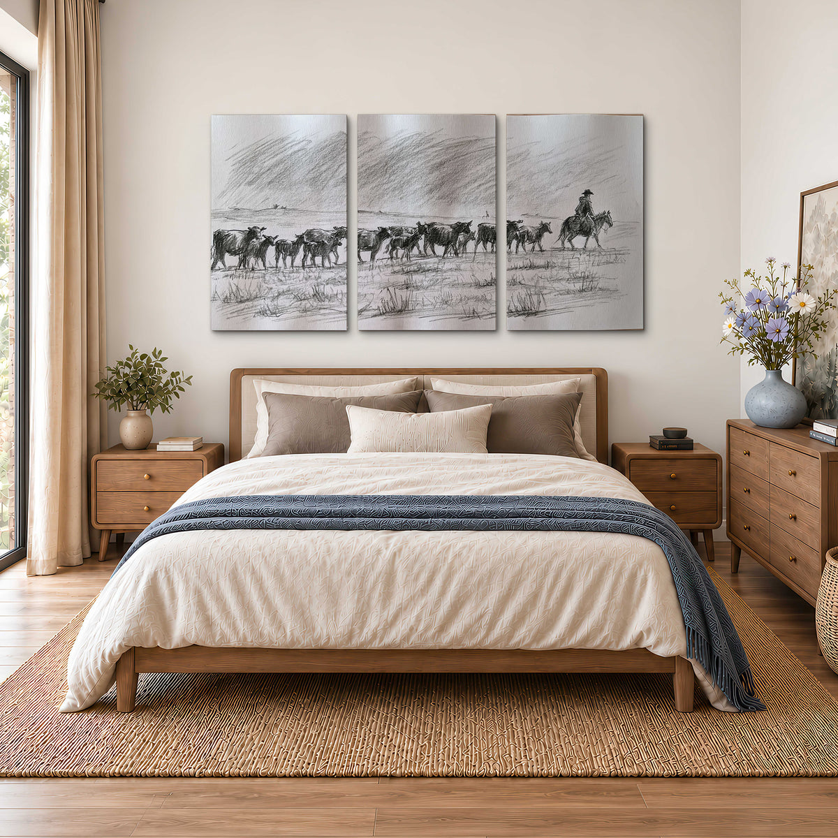 A rider on horseback guiding a herd of cattle across an open plain in charcoal-style strokes 3 piece canvas wall art styled in an interior