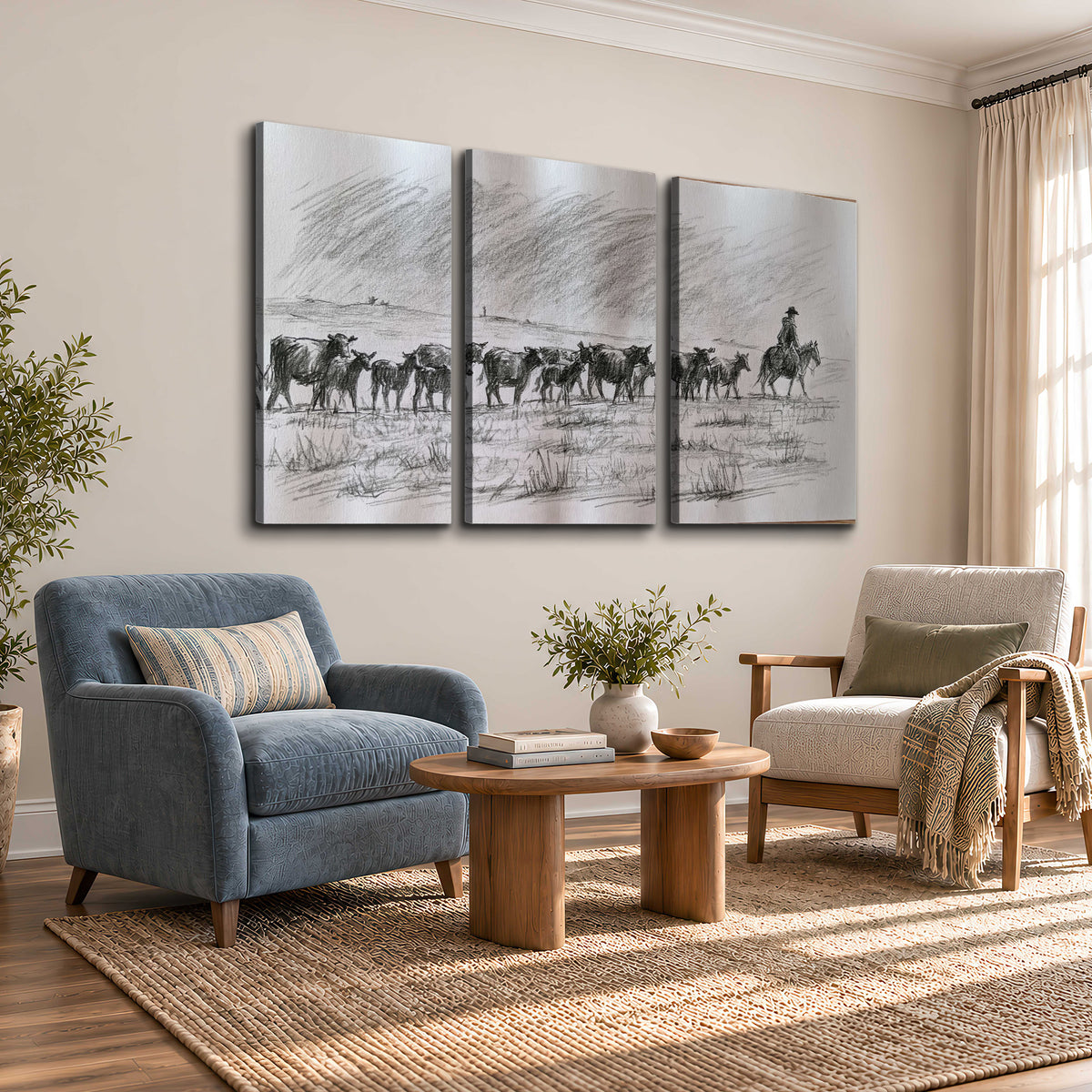 A rider on horseback guiding a herd of cattle across an open plain in charcoal-style strokes 3 piece canvas wall art styled in an interior