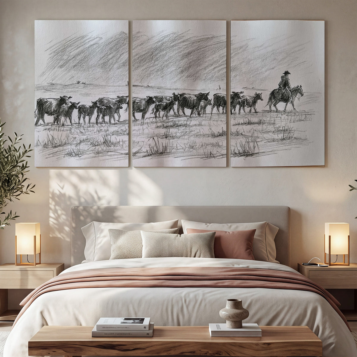 A rider on horseback guiding a herd of cattle across an open plain in charcoal-style strokes 3 piece canvas wall art displayed in a bedroom