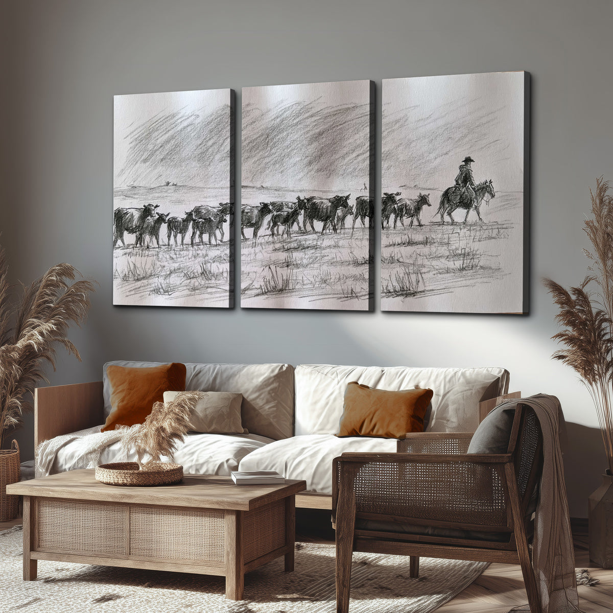A rider on horseback guiding a herd of cattle across an open plain in charcoal-style strokes 3 piece canvas wall art displayed in a rustic living room