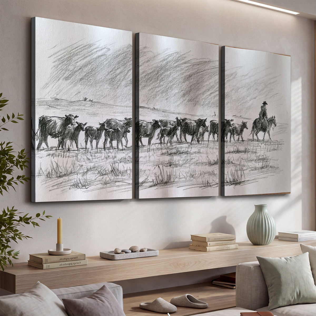 A rider on horseback guiding a herd of cattle across an open plain in charcoal-style strokes 3 piece canvas wall art displayed in a console