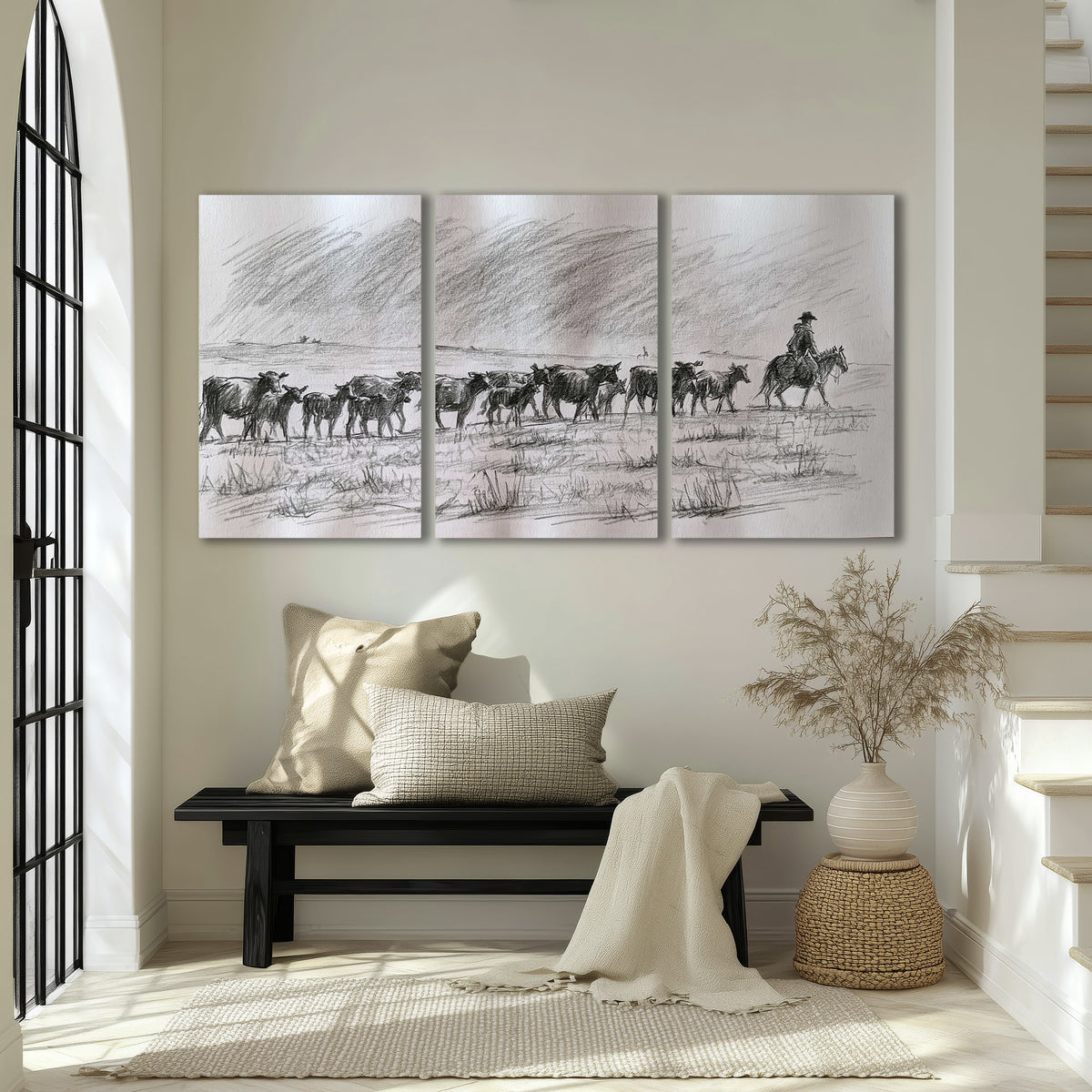A rider on horseback guiding a herd of cattle across an open plain in charcoal-style strokes 3 piece canvas wall art displayed in a entryway