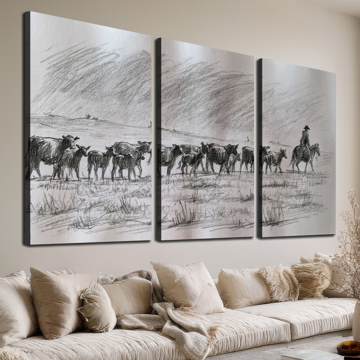 A rider on horseback guiding a herd of cattle across an open plain in charcoal-style strokes 3 piece canvas wall art room and product view