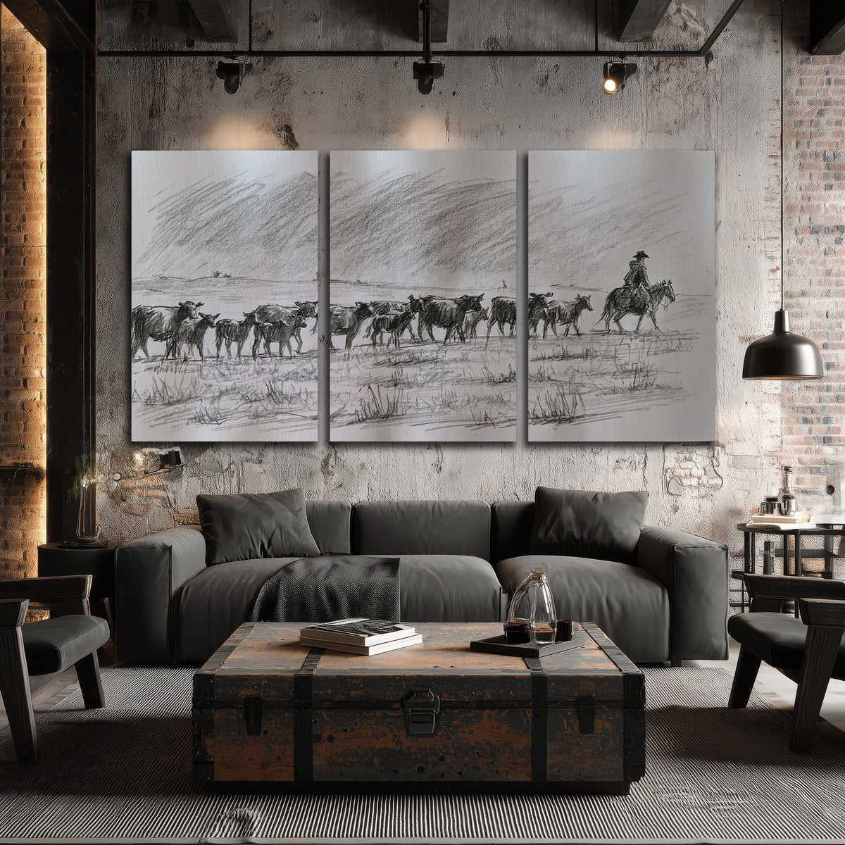 A rider on horseback guiding a herd of cattle across an open plain in charcoal-style strokes 3 piece canvas wall art displayed in a industrial room