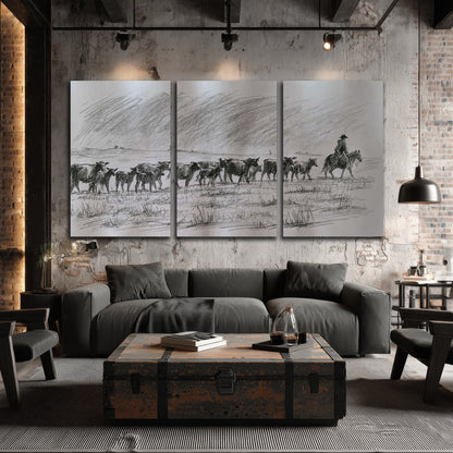 A rider on horseback guiding a herd of cattle across an open plain in charcoal-style strokes 3 piece canvas wall art displayed in a industrial room