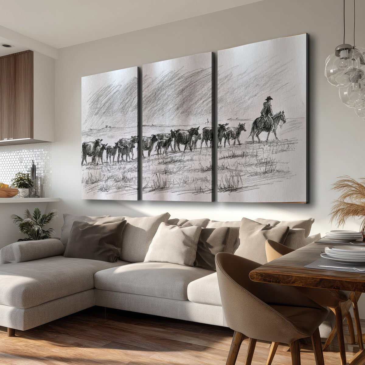A rider on horseback guiding a herd of cattle across an open plain in charcoal-style strokes 3 piece canvas wall art room and product view