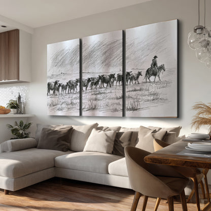 A rider on horseback guiding a herd of cattle across an open plain in charcoal-style strokes 3 piece canvas wall art room and product view