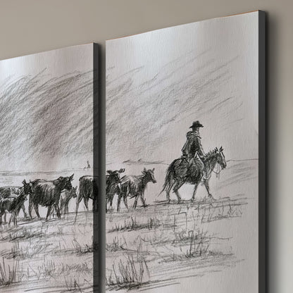 A rider on horseback guiding a herd of cattle across an open plain in charcoal-style strokes 3 piece canvas wall art room and product view