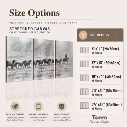 A rider on horseback guiding a herd of cattle across an open plain in charcoal-style strokes 3 piece canvas wall art available dimensions; triptych dimensions are per panel