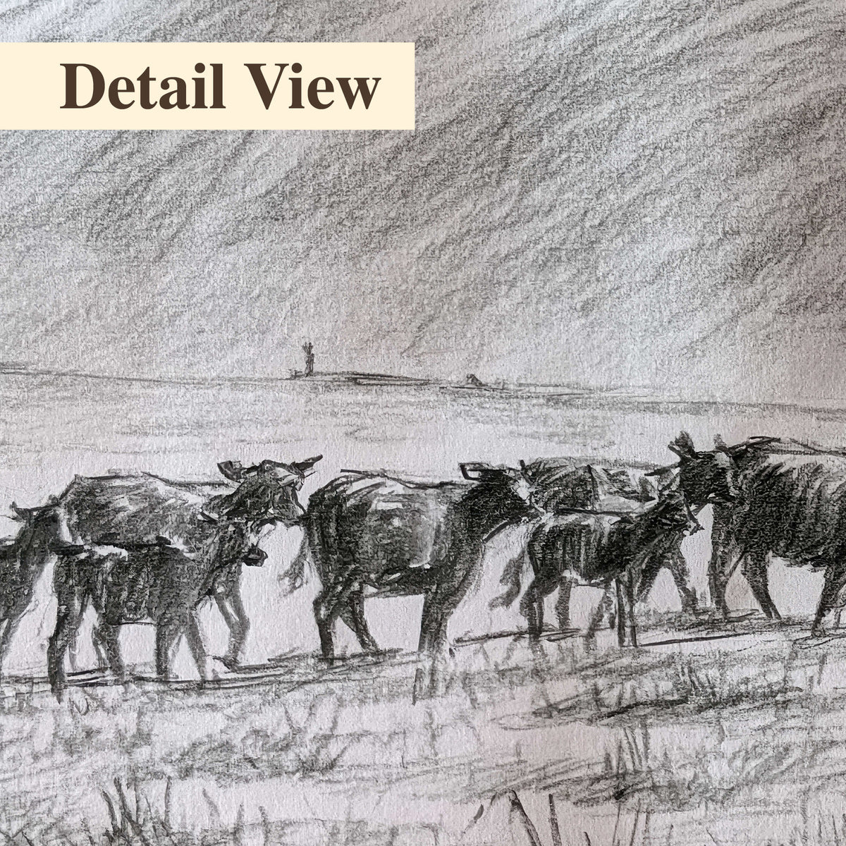 A rider on horseback guiding a herd of cattle across an open plain in charcoal-style strokes 3 piece canvas wall art artwork detail close up